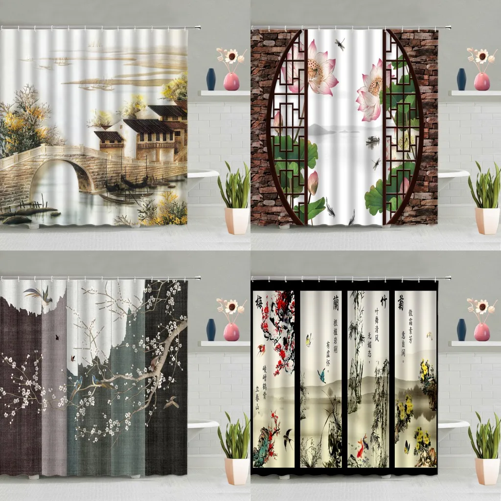 

Chinese Style Shower Curtain Ink Painting Bamboo Lotus Plum Bossom Flowers Birds Scenery Bathroom Bathtub Decor Screen Washable