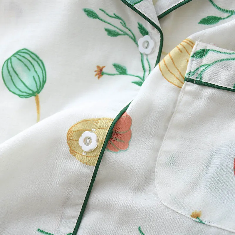 

Spring New Women Pajamas Set Cartoon Fruits Printed Comfort Gauze Cotton Cardigan+Pants 2Pcs Ladies Simple Style Sleepwear