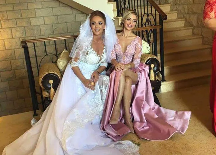 

Sexy Long Sleeves Pink Evening Dresses 2019 abiye sexy Deep V Neck Lace Prom gowns With Ruched Slit robe de soiree evening dress