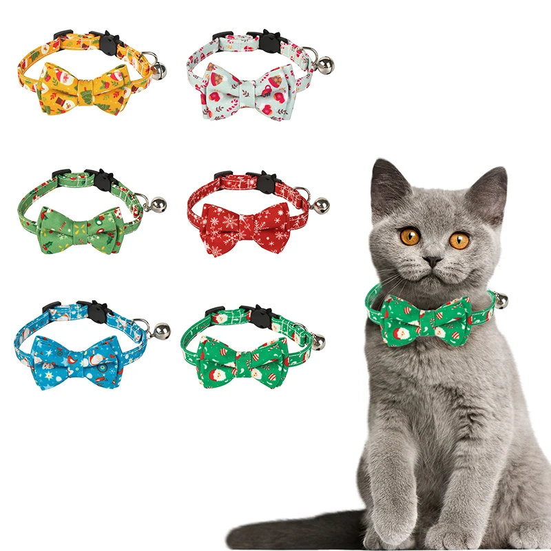 

6 Colors Christmas Cat Collar Cute Bow Tie Pet Necklace Safety Elastic Bowtie Bell Pet Supplies Puppy Kitten Bell Bowknot