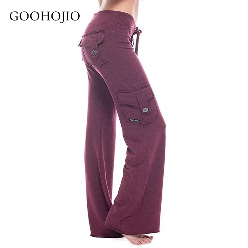 

Новинка 2021, весенние и осенние брюки GOOHOJIO с карманами, женские брюки с широкими штанинами, повседневные штаны для йоги, женские эластичные ш...