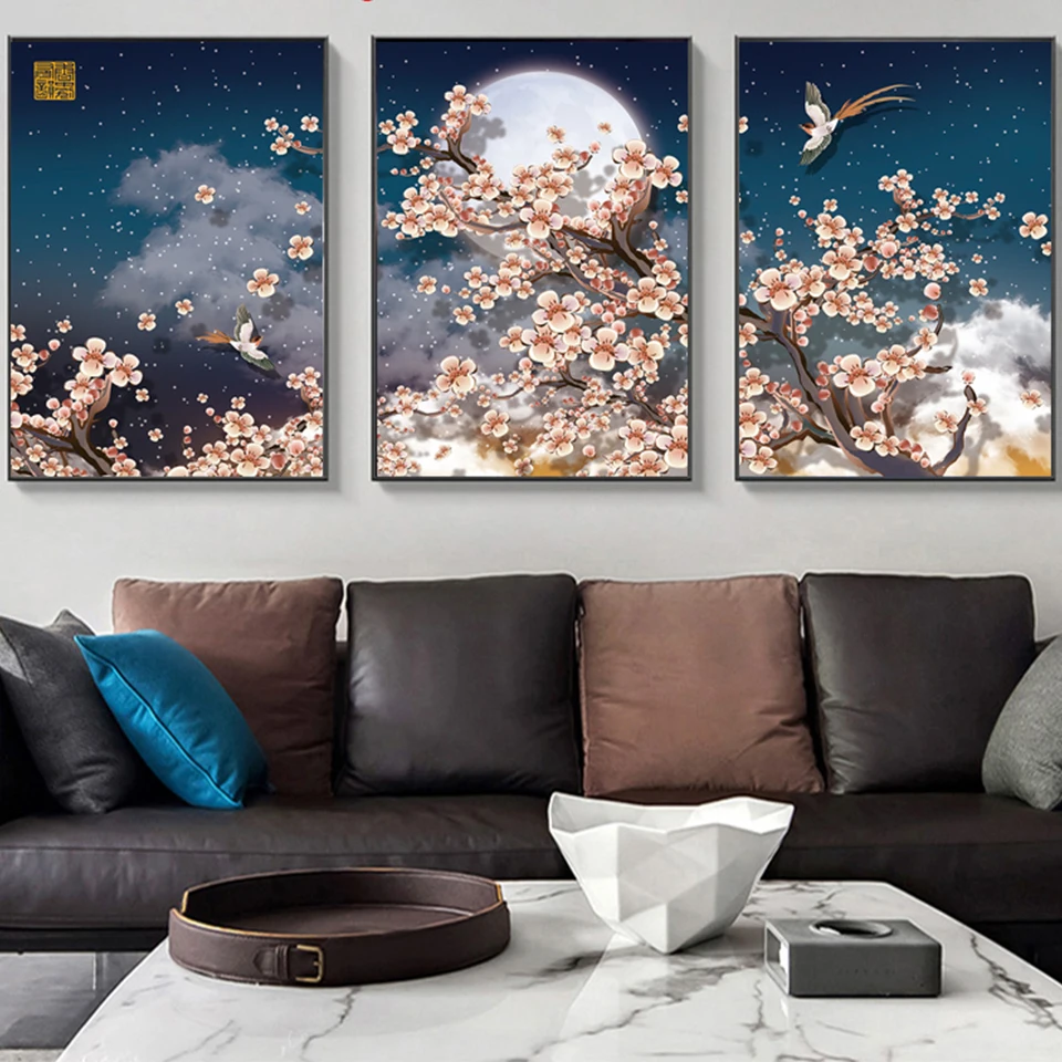 

Full Square/round Diy Diamond painting Peach Blossom Wall Art 3 pcs diamond embroidery puzzle mosaic Triptych Home Decor