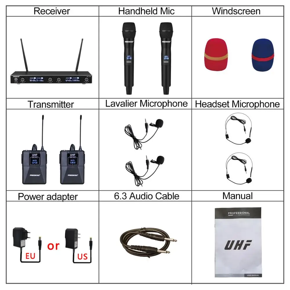 FREEBOSS FB U400H2 4 канальная UHF Беспроводная микрофонная система с 2 боди пакетами и