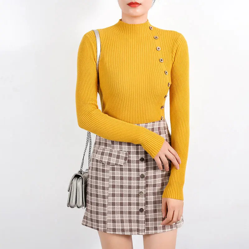 Autumn O-neck Sexy Slim Sweater Botton Desgin Knitted Pullover Women Casual Vintage Sweater Colthing Female Knit Tops