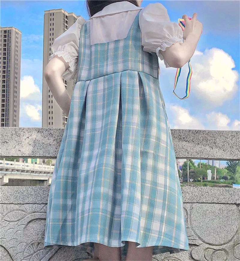 

2020 Summer Chiffon Fake Two Pieces Plaid Women Dress Bow Collar Puff Sleeve Jpanese Sweet Preppy Style Women Dresses Robe Femme