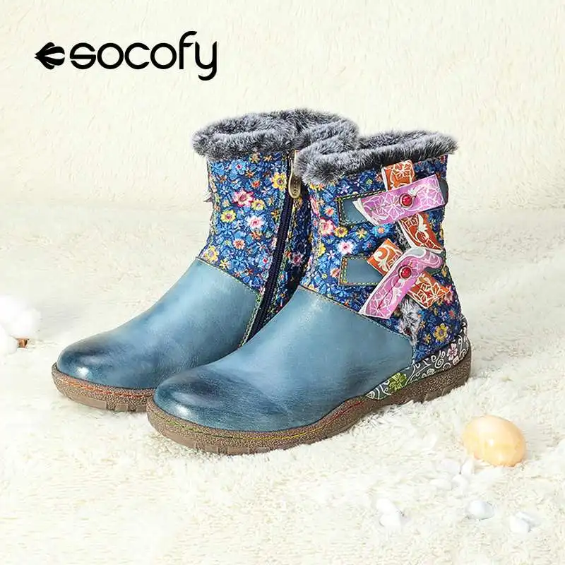SOCOFY/богемные винтажные женские теплые зимние ботильоны на плоской подошве с плюшевой подкладкой женская обувь на застежке-липучке с цветочным узором женские ботинки; Новинка года