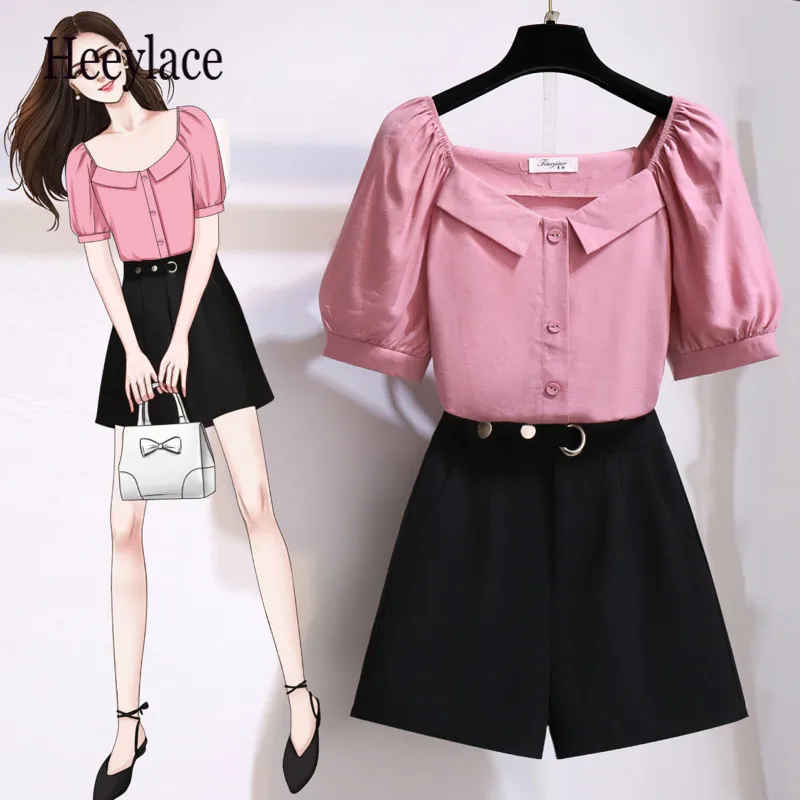 

office ladies slim 2 pieces shorts sets summer Sweet Korean solid top and shorts 2 pieces sets women clothing two pieces outfits
