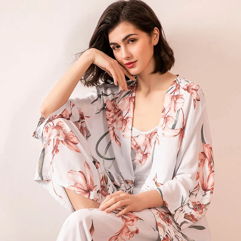 3 шт. Женская хлопковая атласная пижама с цветочным принтом|Комплекты пижам| |
