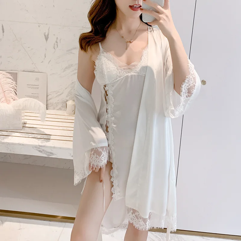 

Lace Sleepwear Satin Nightgown For Women Kimono Bathrobe Gown Sexy High Split Nightdress Faux Silk Two Piece Set With Pads