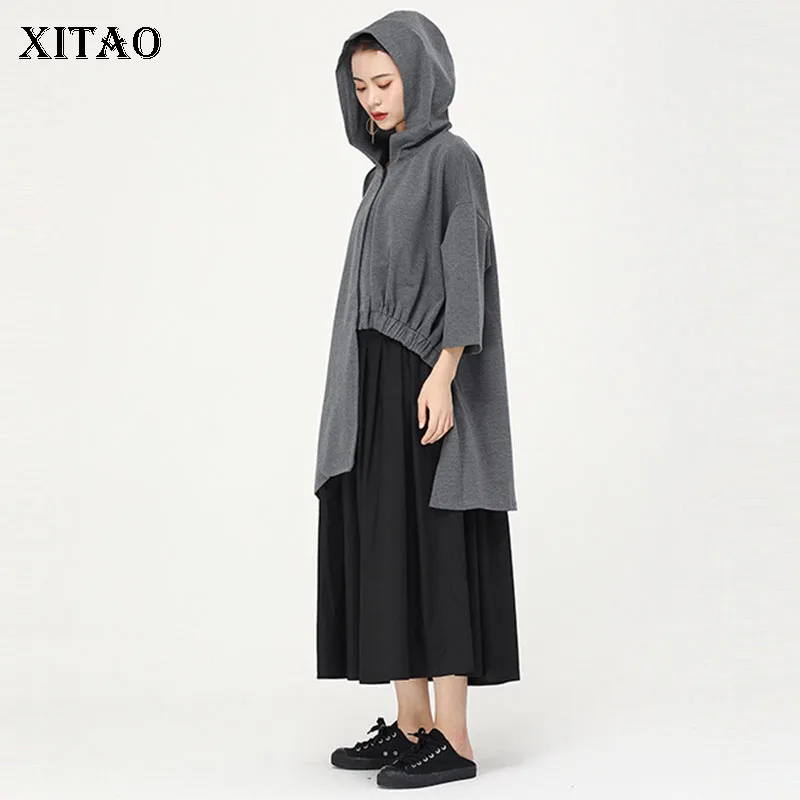 XITAO нерегулярные плиссированные с капюшоном Женская куртка размера плюс пальто на молнии девять точек рукав осень элегантный повседневный стиль пальто ZLL4329