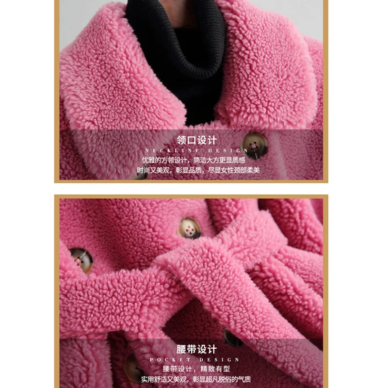 

Fur 2021 Shearing Winter Sheep Coat Female Wool Jacket Double Breaste Thick Long Women's Parka Belt Elegant Clothes Plus Size