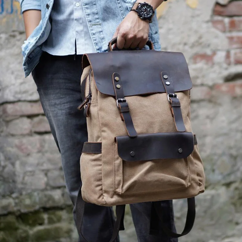 Canvas Backpack Vintage Men Mochila Notebook Laptop Leather Bag 14 inch School Backpack For Teenager