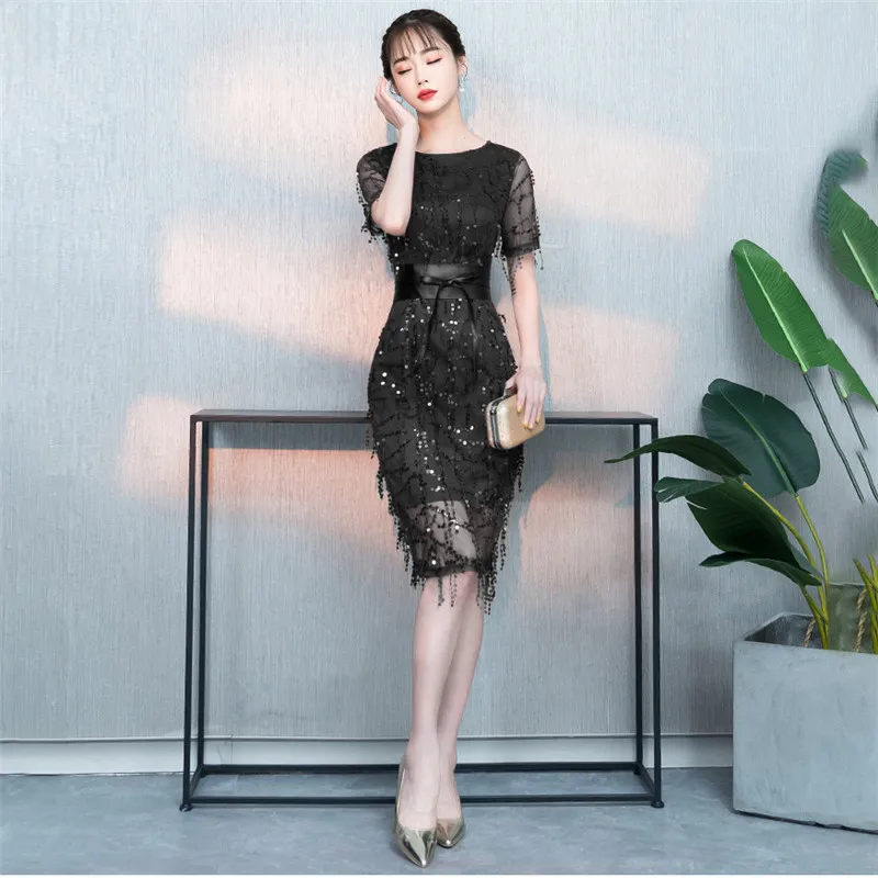 Black Skyyue вечернее платье с коротким рукавом элегантное женское платье De Soiree на молнии с блестками женские вечерние платья с круглым вырезом и кисточками вечерние платья C126 - Цвет: Black