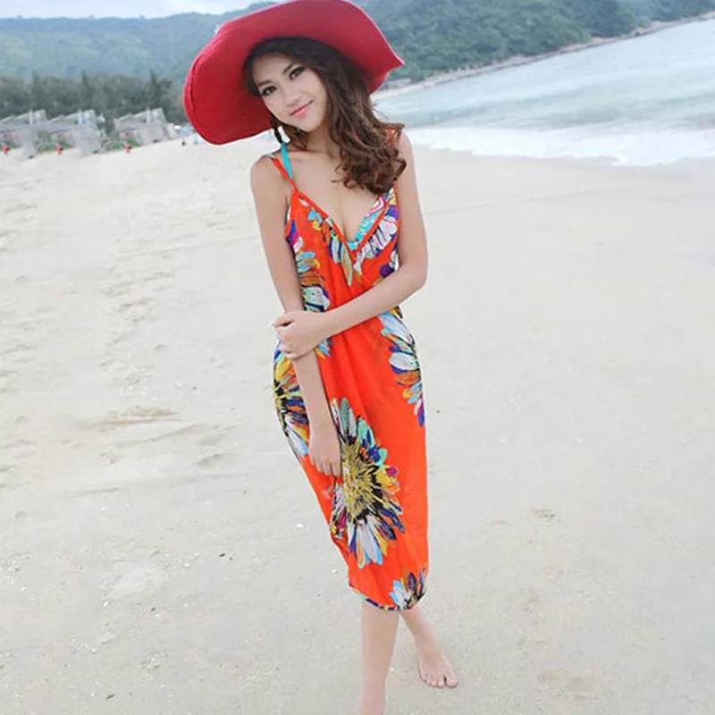 

Beach Cover Up Floral Backless Bikini Cover Up Thin Sexy Swimwear Women Robe De Plage Beach Bathing Suit Cover Ups