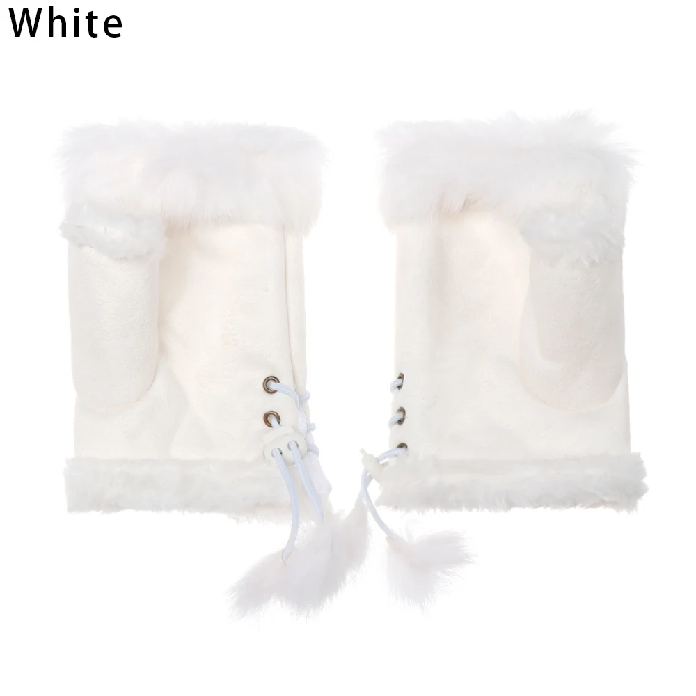 white 1 пара модные замшевые кожаные перчатки меховая ткань запястья митенки без пальцев для женщин высокого качества половина пальца Женские варежки - Цвет: white