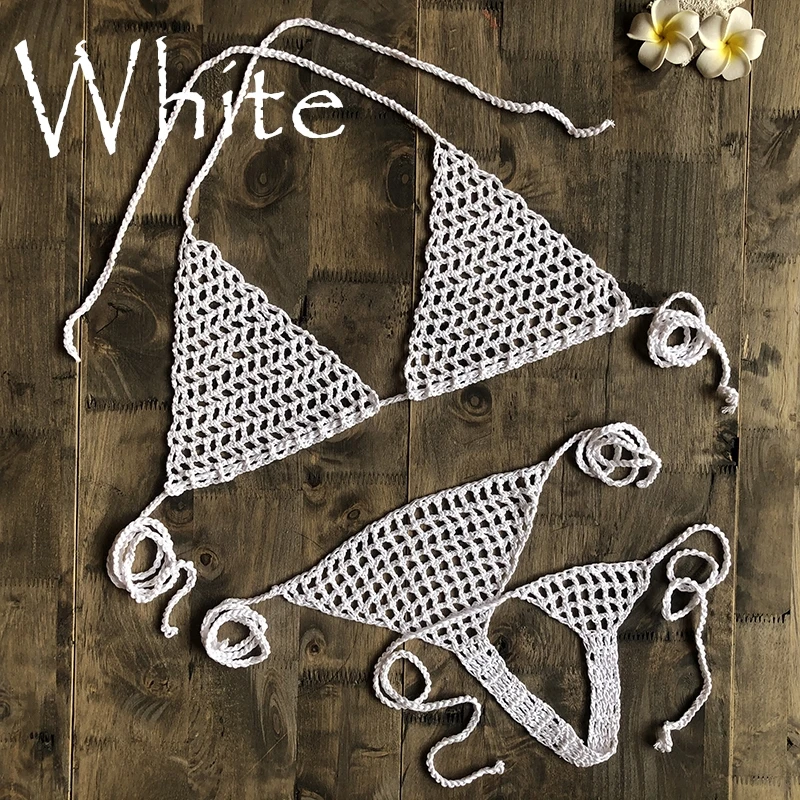 White Новинка, ручная работа, вязанное крючком микро бикини, стринги, пляжные микро купальники, сексуальное нижнее белье, наборы, горячая распродажа - Цвет: White