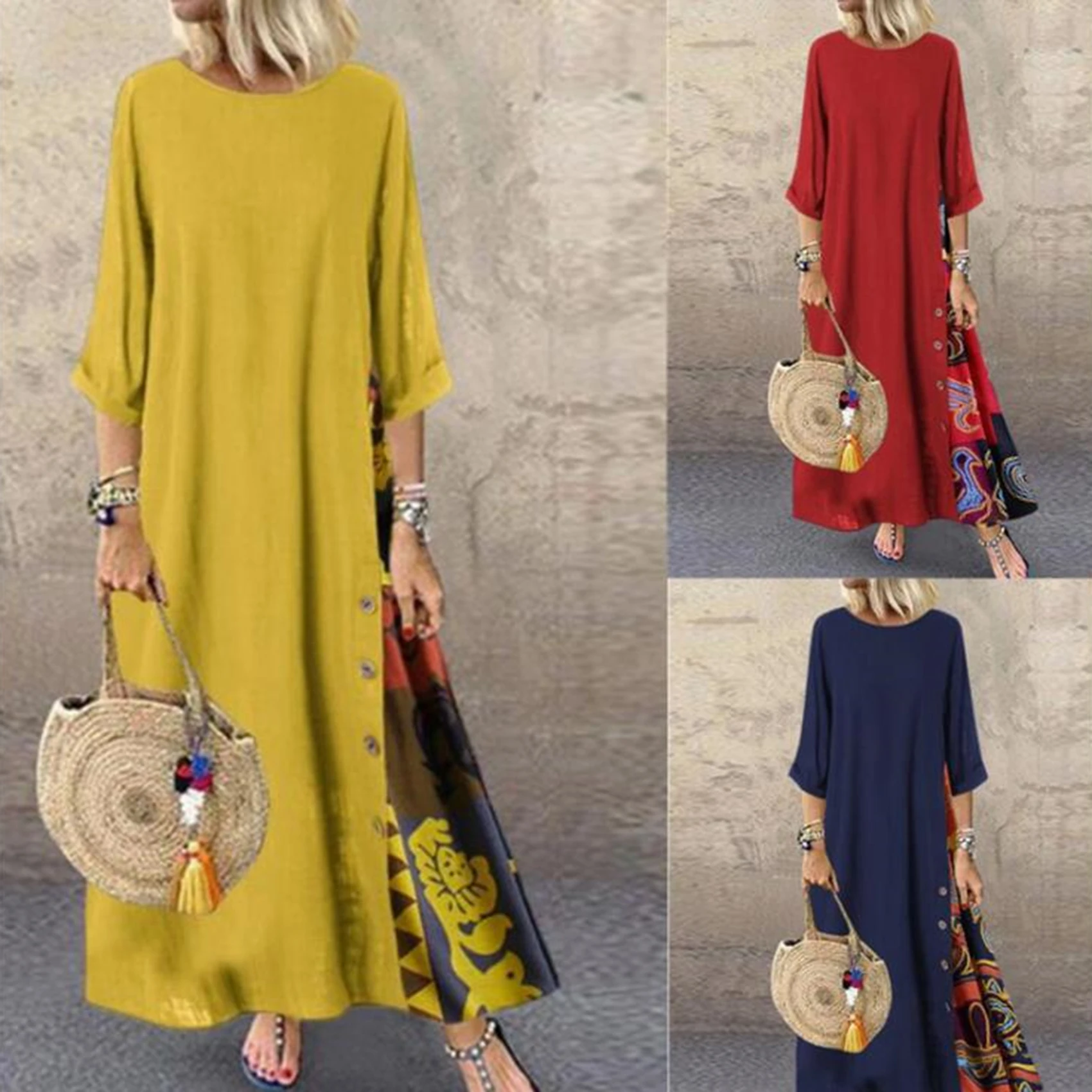 

2020 Casual Vintage Stitching Dress Women's Maxi Sundress 3/4 Sleeve Summer Vestidos Female O Neck Floral Robe Plus Size