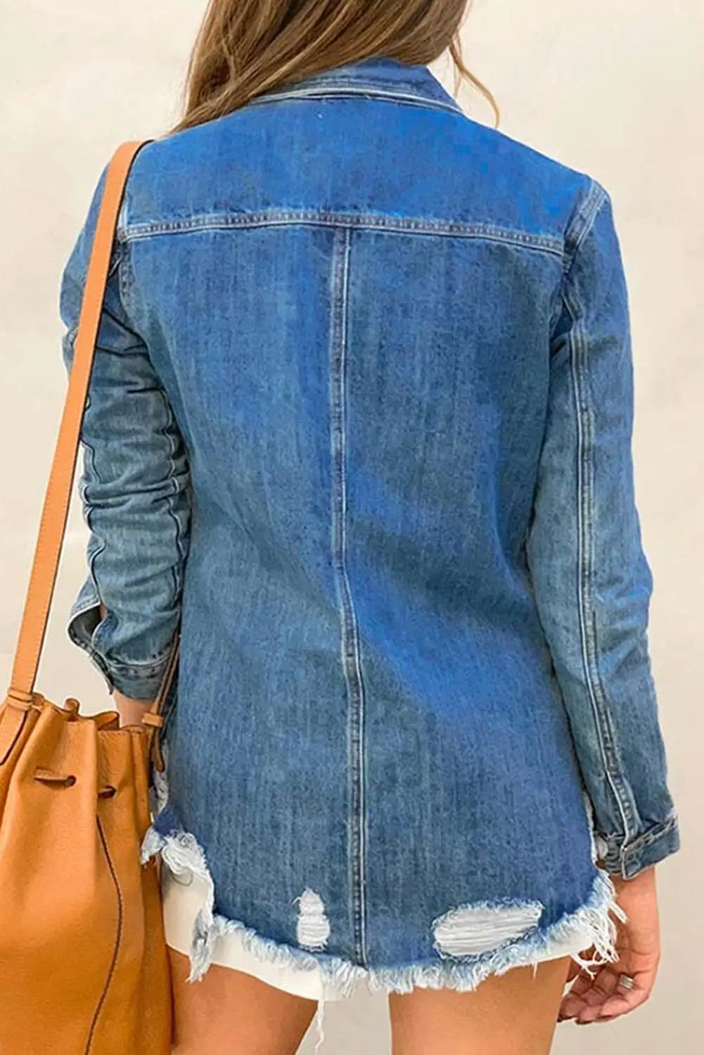 

Autumn new style ripped raw edge irregular hem pocket shirt women's mid-length fashion retro design long-sleeved cardigan jacket