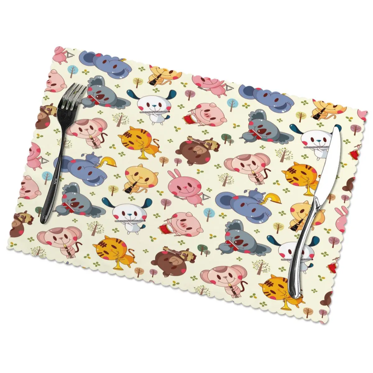 

Placemat for dining table Animals Play Music Pattern Heat-resistant Kitchen Dining 6 PCS Accessories