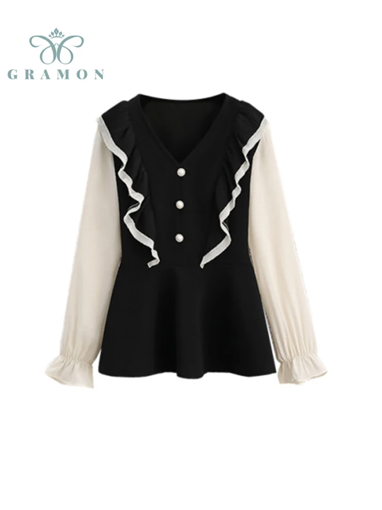 

Women Shirt Ruffle Edge Patchwork Fashion Plus Size Long Flare Sleeve V-neck Office Lady Ladies Blouse 2022 Spring Autumn Tops