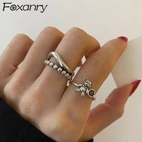 foxanry 925 stamp bear rings new fashion creative hollow wave multilayer geometric vintage punk party jewelry gifts