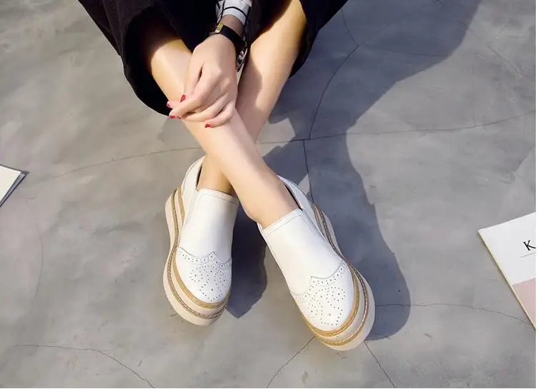 

New Arrival Woman Summer Casual Genuine Leather Thick Sole Shoes Women Creepers Casual Breathable Flat Platform Shoes 758
