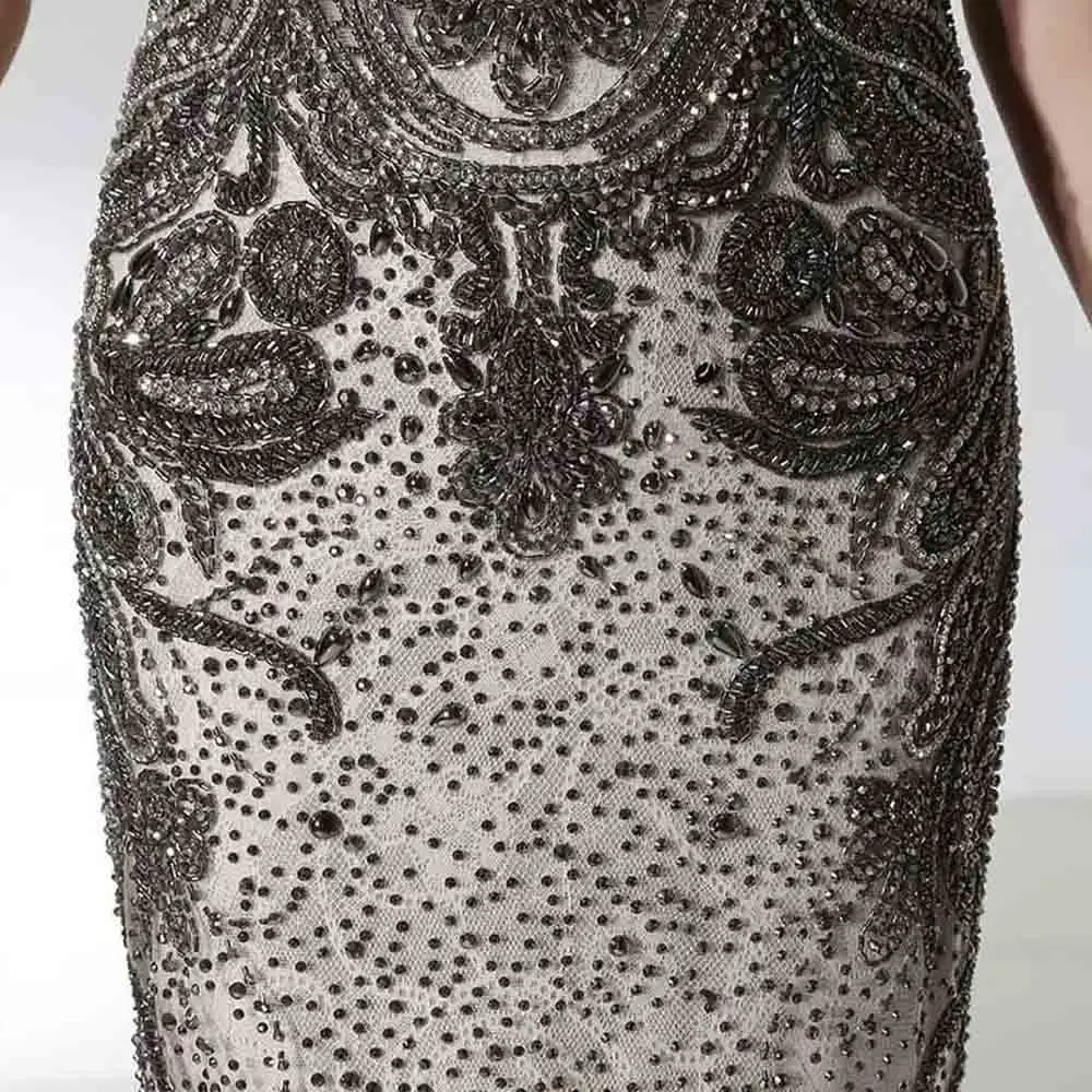 

Real Photos Gray Crystal Long Evening Dresses Mermaid O Neck Lace Beaded Formal Women Gown Party