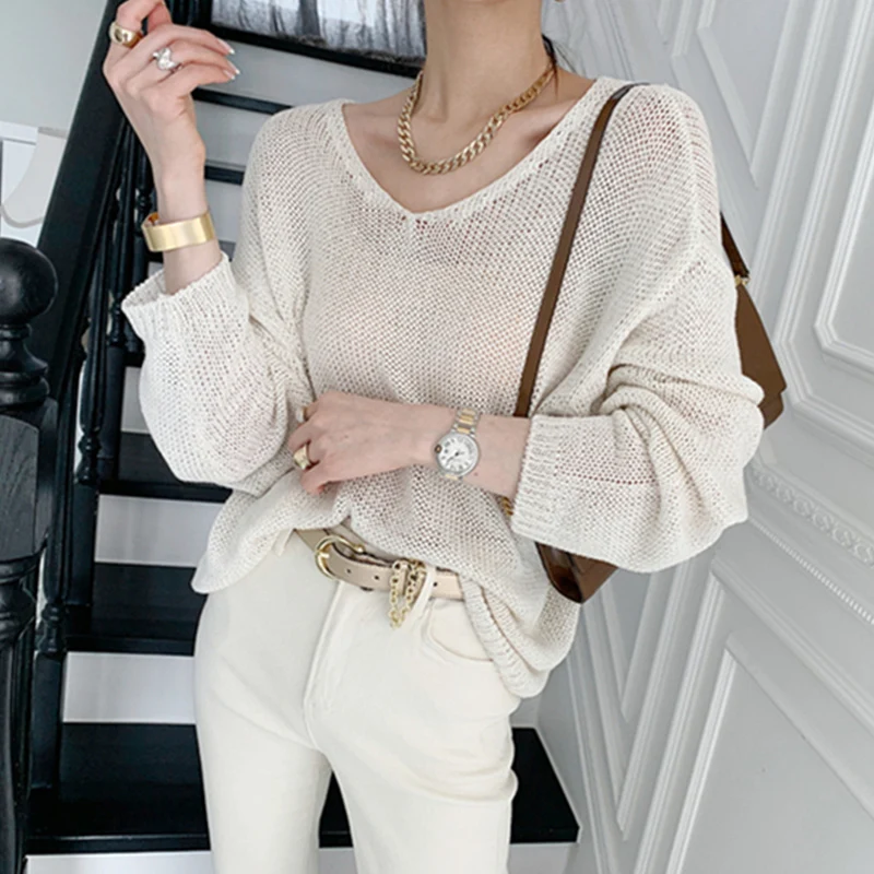Sister Fara New Spring 2021 V-Neck Knitted Sweater Women Oversize Pullovers Cutout Jumpers Female Solid All-Match Tops | Женская одежда
