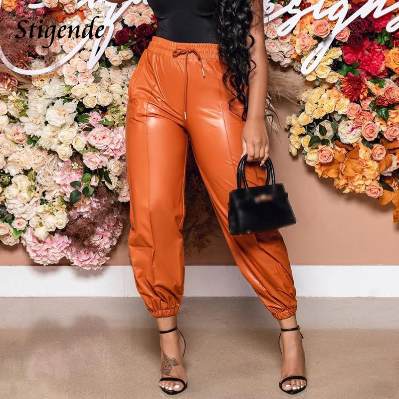 

Stigende Women Pu Leather Pants Drawstring Elastic Waist Solid Color Pocket Trousers Bandage Faux Leather Party Pants Streetwear
