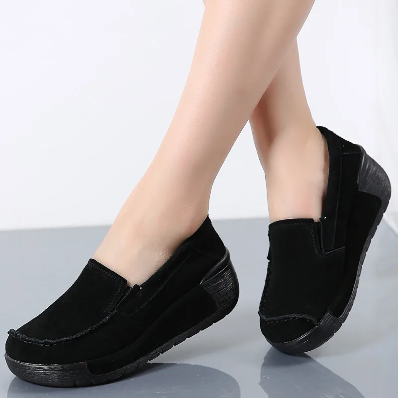 2019 г. Осенняя женская кожаная замшевая обувь на плоской подошве толстой без