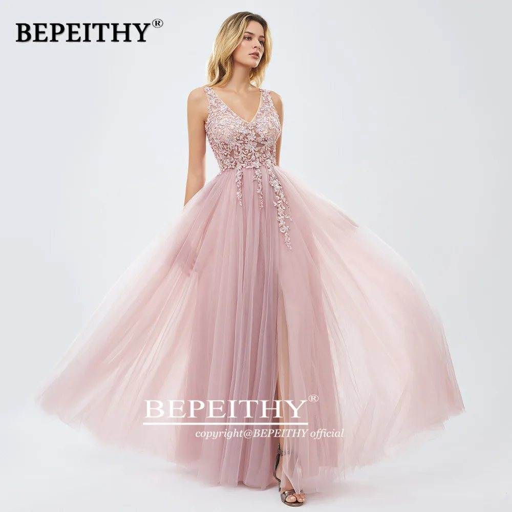 Розовый A-linr серое вечернее платье платья с разрезом Robe De Mariee элегантные кружевные вечерние платья для выпускного вечера - Цвет: Розовый