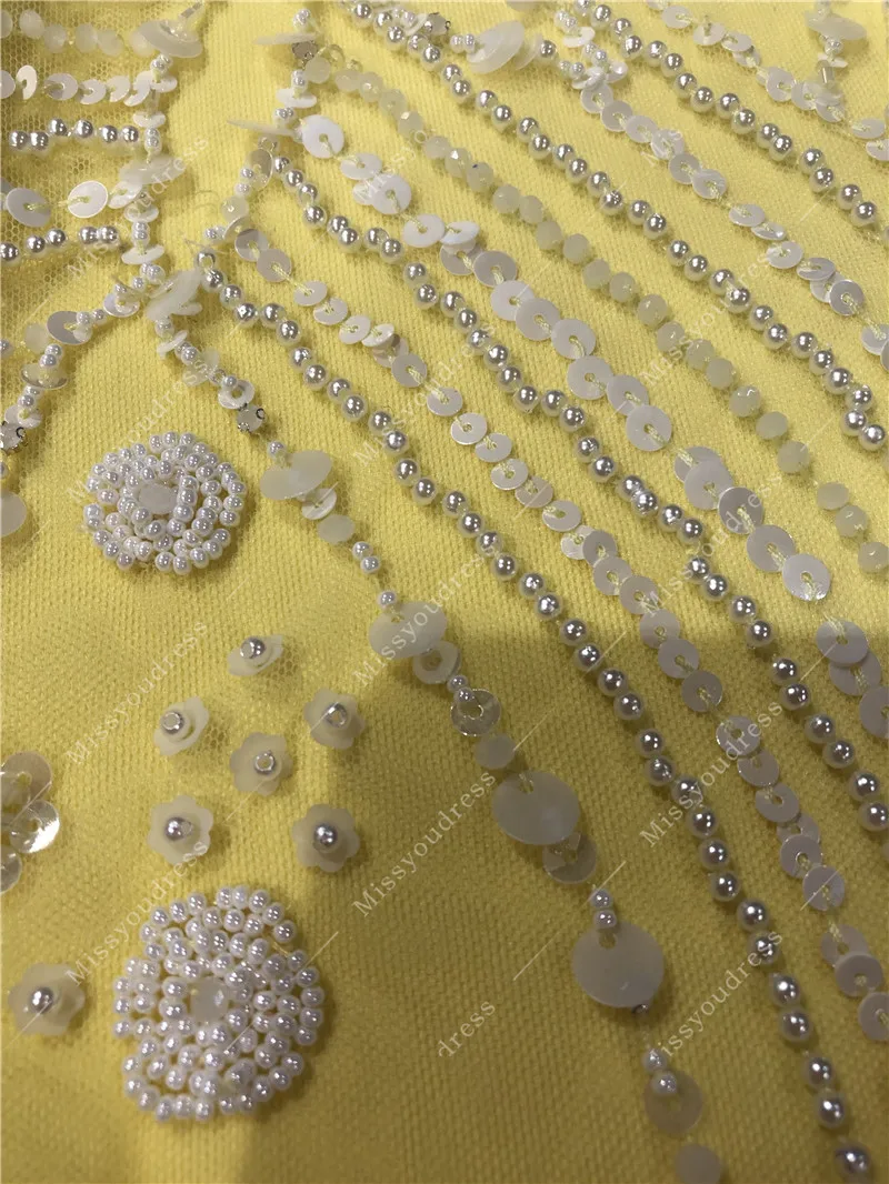 Yellow Color Heavy Beads Real Photos A-line Floor Length Party Prom Dancing Women Evening Dresses Gown