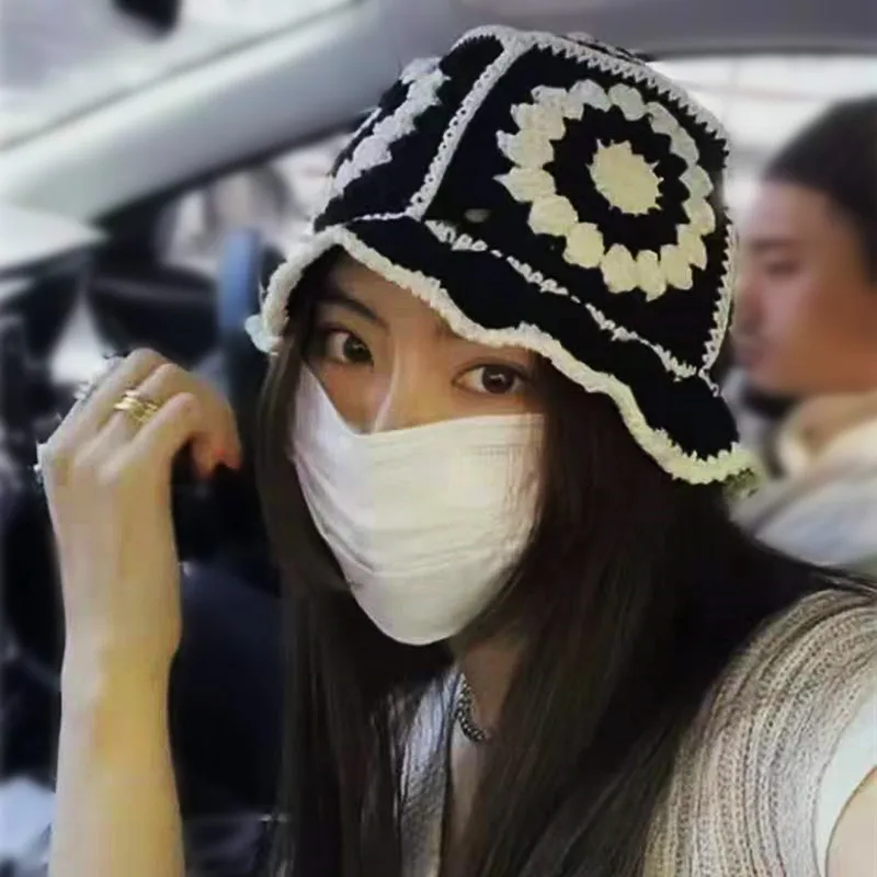 

Women Bucket Hats Legant Hollow out Knitted Hats for female Breathable Lovely Basin Hats Retro trend AC2145
