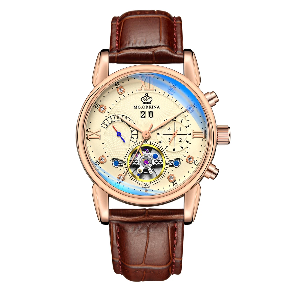 Часы мужские механические Автоматические с ремешком из натуральной кожи и