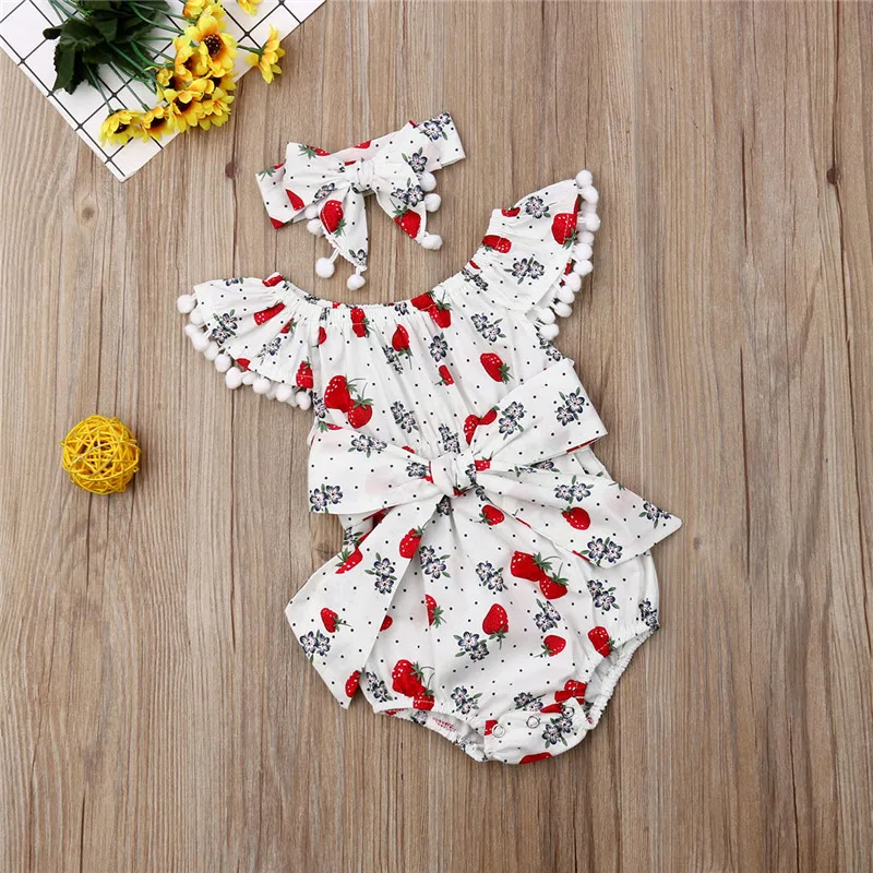 Детское боди с принтом клубники без рукавов оборками и круглым вырезом|Комплекты