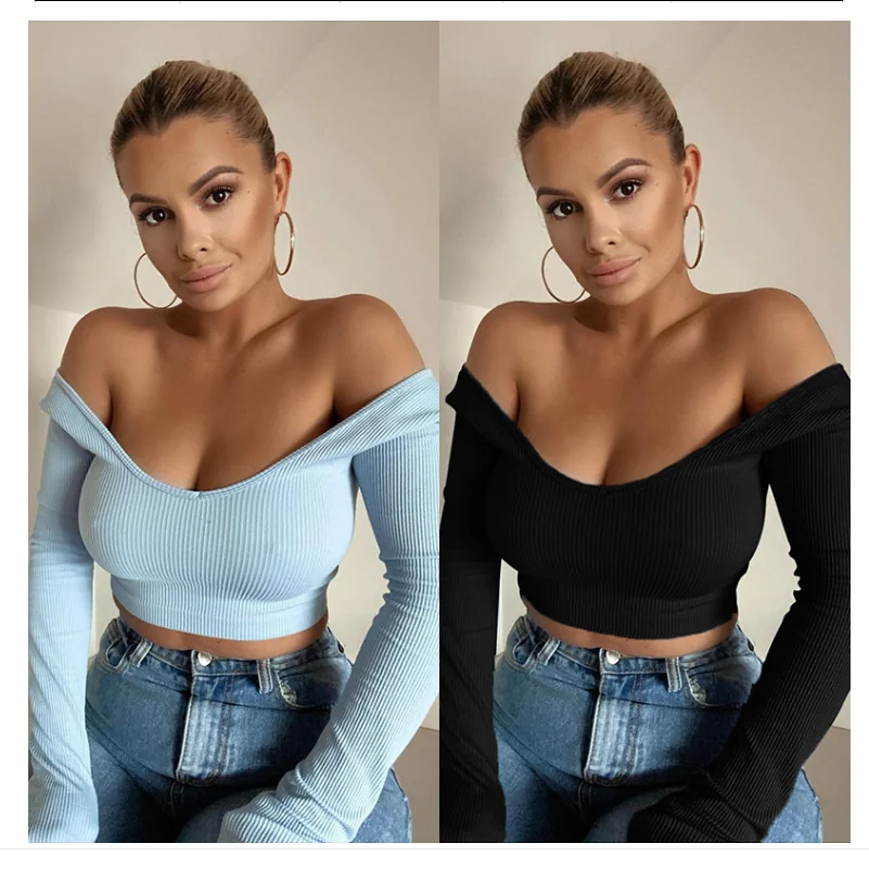 Super Short Women Sweater Long Sleeve Off Shoulder Sexy V Neck Knit Top Slim Fashion Crop Sweater Femlae Outfits 2022 Spring