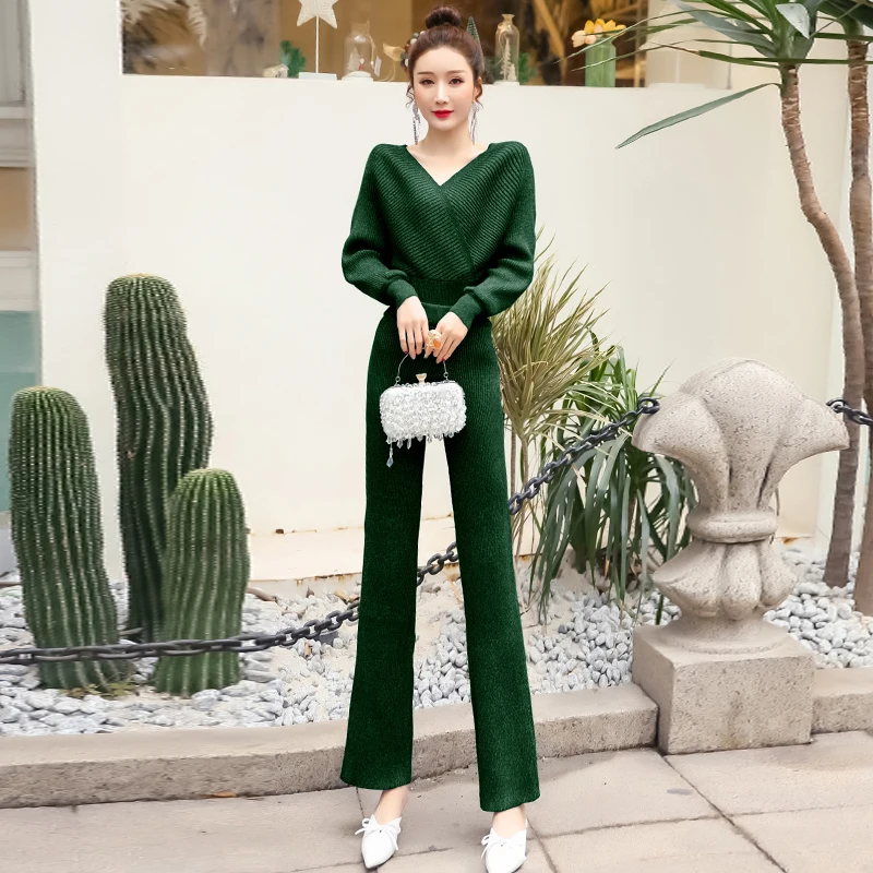 

Autumn Winter New Style High quality Long sleeve Knit Top + Long Pants Women Fashion 2pcs Set Ladies Casual Top Pants Suit