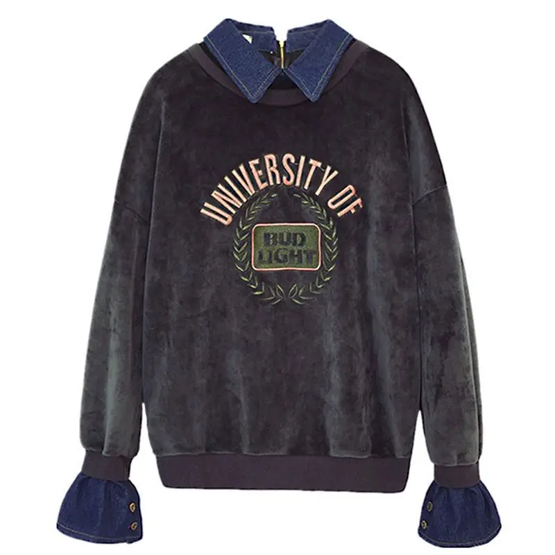 Fashion Gold Velvet Pullover Women Autumn Winter 2021 Korean Large Size Loose Plus Thickening Capless Fake Two-piece Tops | Женская