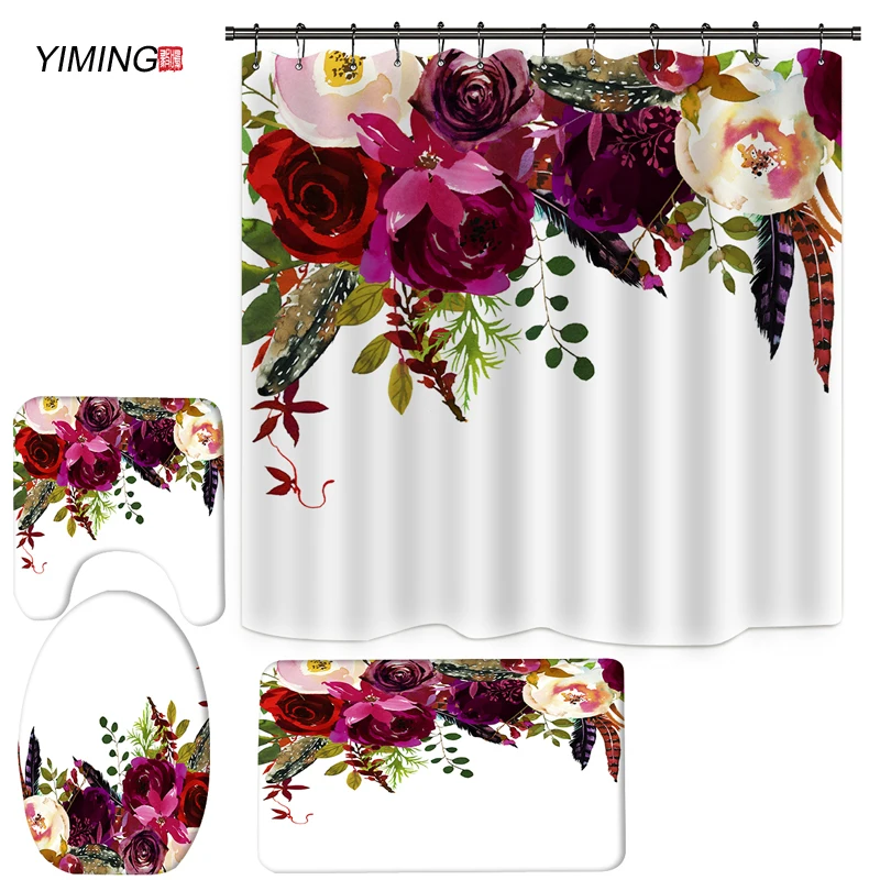 

3D beautiful flower butterfly waterproof bathroom shower curtain set non-slip carpet toilet cover cushion shower curtain set