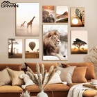 Картина на холсте с изображением Лев, жираф, слон, животных, восход, пшеница, скала, воздушный шар, пейзаж, Настенная картина