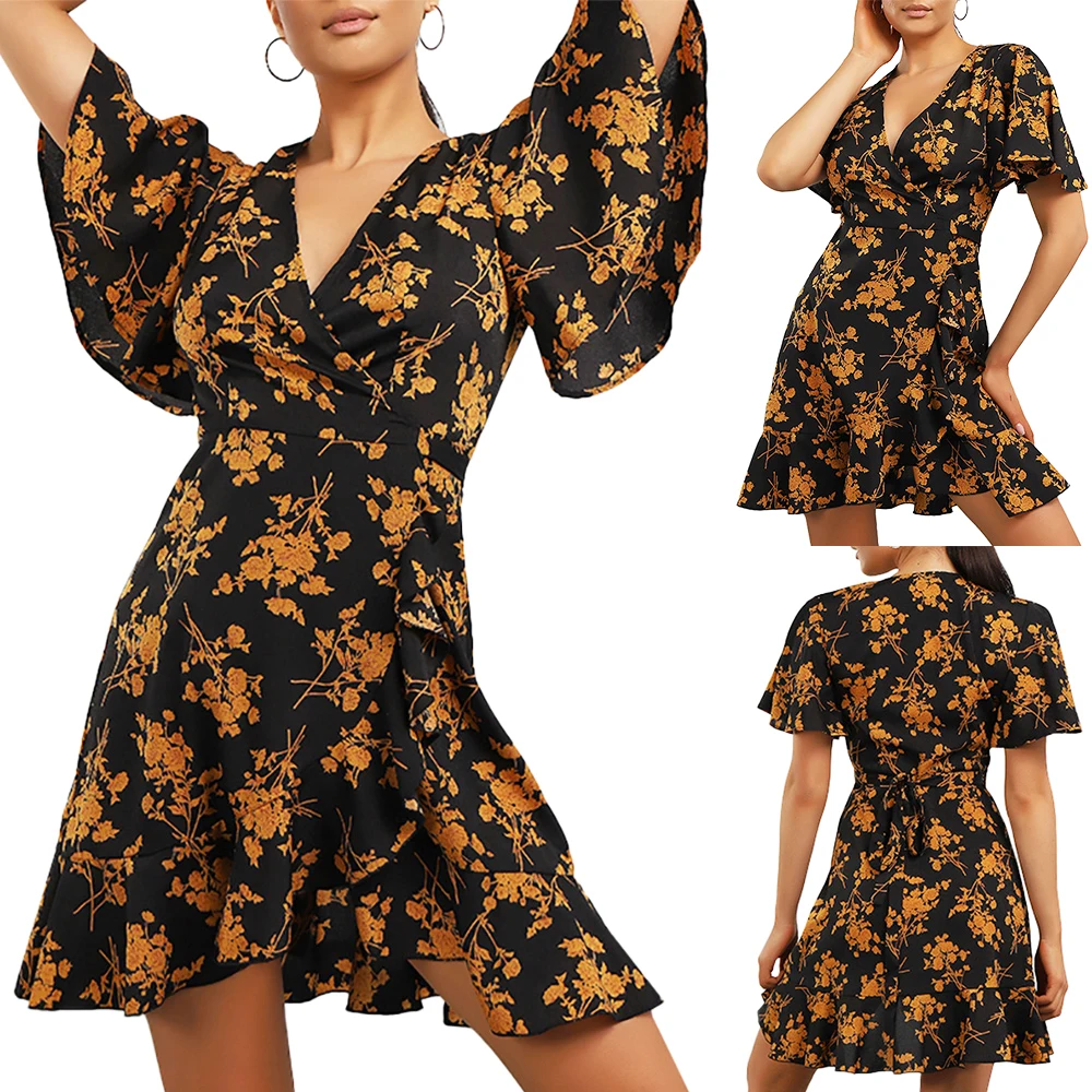 

Short Sleeve Ruffle Hem Short Dress Women's Deep V Neck Floral Print Mini Dress Ladies Summer Female Fashion 2021 Vestidos D30