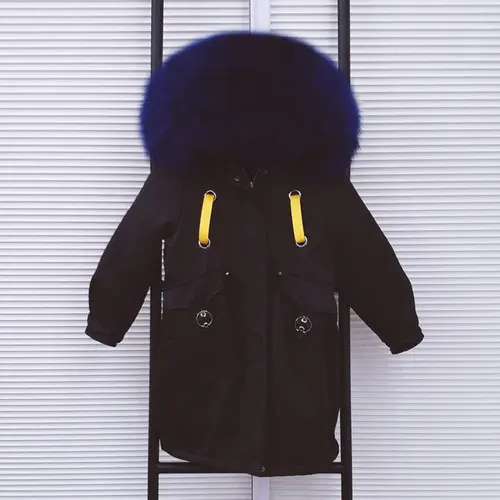 Black NavyBlue Новинка года, парки с натуральным мехом для мальчиков и девочек зимняя детская куртка Xlong пальто с капюшоном из натурального меха енота Съемная подкладка из кроличьего меха - Цвет: Black NavyBlue