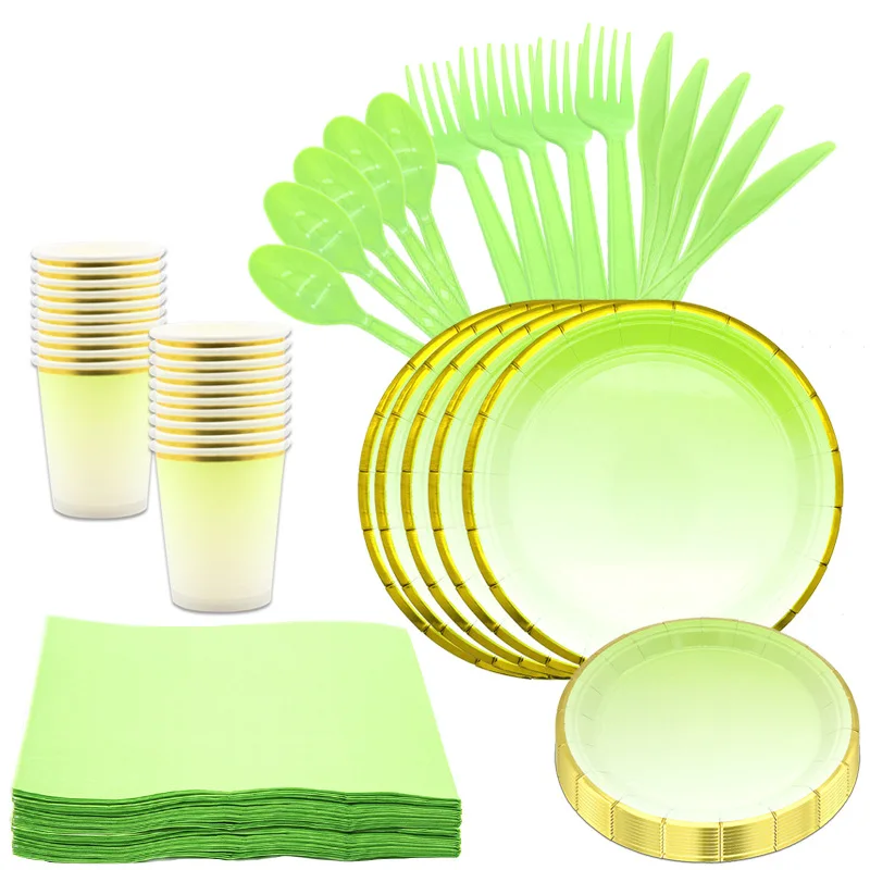 Набор одноразовой столовой посуды зеленая позолота|Одноразовая посуда для