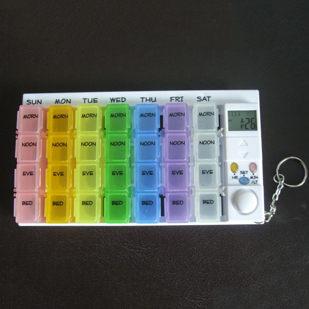 

28 Grids Weekly Tablets Storage Pill Dispenser Alarm Clock Luminous Alarm Clock Timer Reminder Pill Dispenser