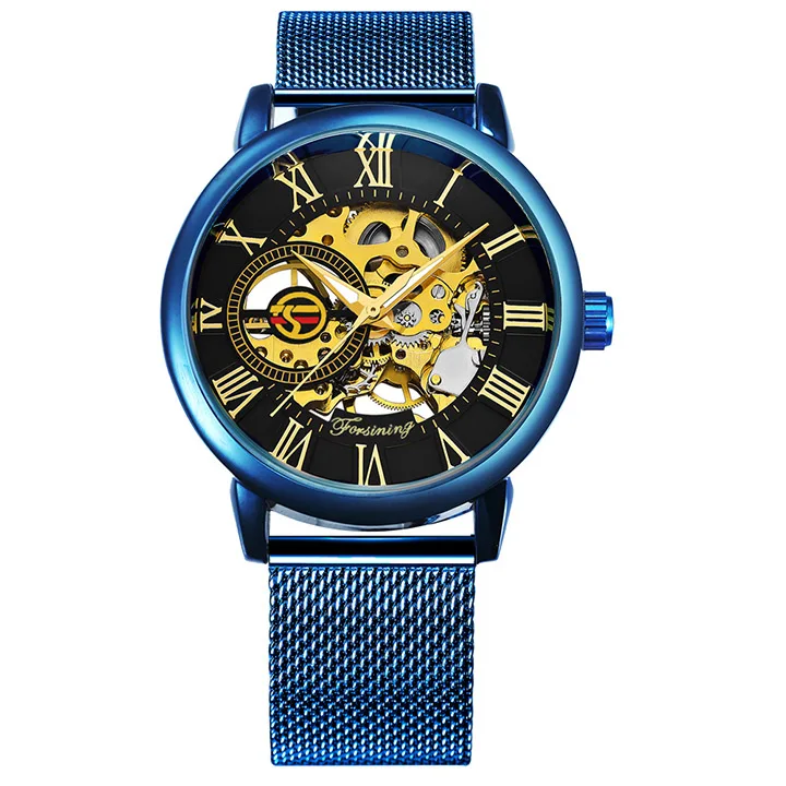 BLUE BLACK FORSINING, синие мужские часы, Топ бренд, роскошные механические часы со скелетом, мужские Ультра тонкие сетчатые часы с ремешком, модные повседневные наручные часы - Цвет: BLUE BLACK