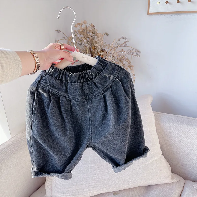 

2020 Spring Children New Toddler Kids Solid Color Casual Loose Jeans Pants for Boys and Girls Cowboy Harlan Cotton Trousers