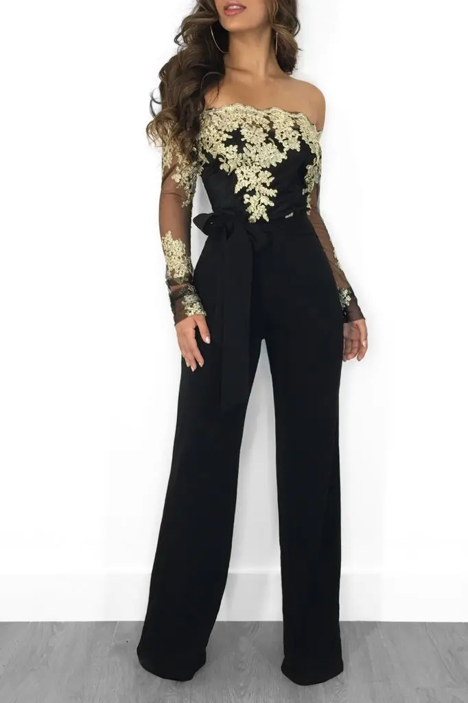 

Ursuper Foreign Trade Women's Clothing Casual Women's Water Soluble Lace off Neck Wide Leg Jumpsuit 7 Colors