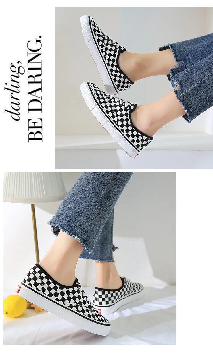Checked Canvas Vulcanized Shoes For Both Men And Women Casual Loafers With No Lacing At One Stepulzzang Freeshipping Sale