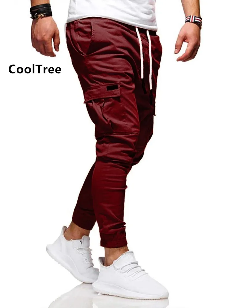 

Мужские брюки-карго CoolTree, весенне-осенние однотонные повседневные брюки с несколькими карманами, мужские брюки для бега с эластичным поясо...
