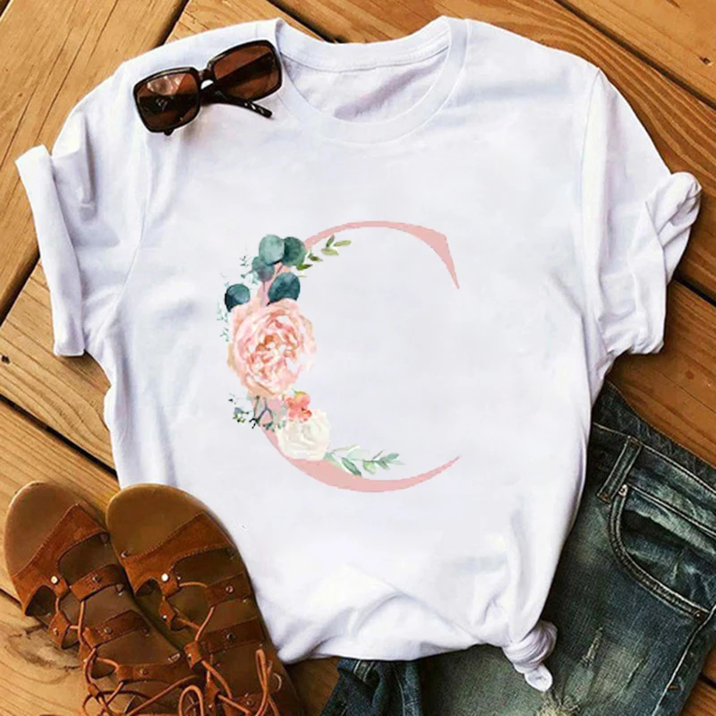 

26 English Alphabet Print Tshirt Harajuku Casual White Tops T Shirt Women 2020 New Summer Couples Lovers Female T-Shirt